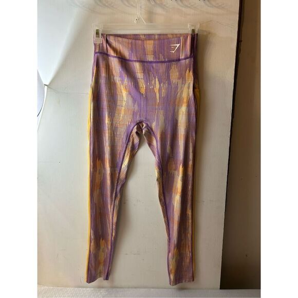 Gym shark workout compression pants pink yellow pockets Large - Picture 1 of 8